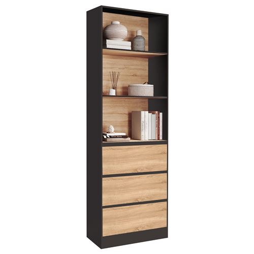 Étagère bibliothèque bois et noir 3 tiroirs 3 niveaux H.190cm