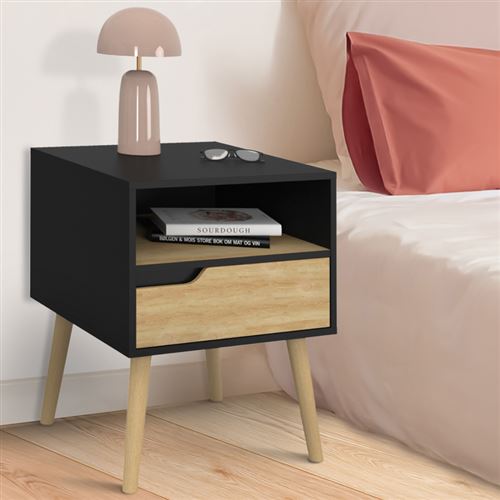 Lot de 2 tables de chevet scandinaves avec tiroir bois noir et effet hêtre
