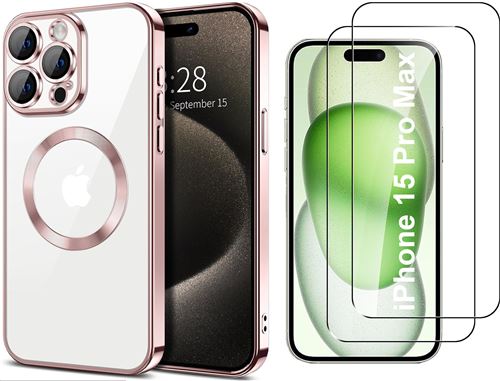 Coque Silicone Pour iPhone 15 Pro Max Couleur Rose Compatible Magsafe + 2 Verres Trempe Protection Ecran Little Boutik®