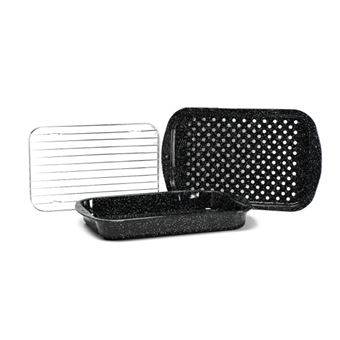 Graniteware - Set de 3 pièces : Plat à four, plateau perforé et grille - Acier émaillé et inox Graniteware - Set de 3 pièces : Plat à four, plateau perforé et grille - Acier émaillé et inox