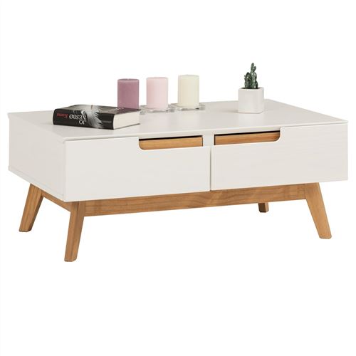 Table basse TIBOR, 2 tiroirs et 2 niches, lasuré blanc