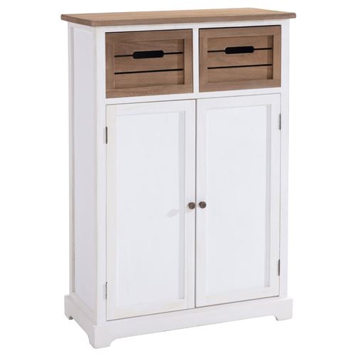 Buffet CORNELIA commode avec 2 caisses de rangement et 2 portes, en bois de paulownia blanc et brun style maison de campagne