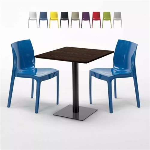 Table carrée 60x60 pied noir et plateau bois avec 2 chaises colorées Ice Kiss, Couleur: Bleu