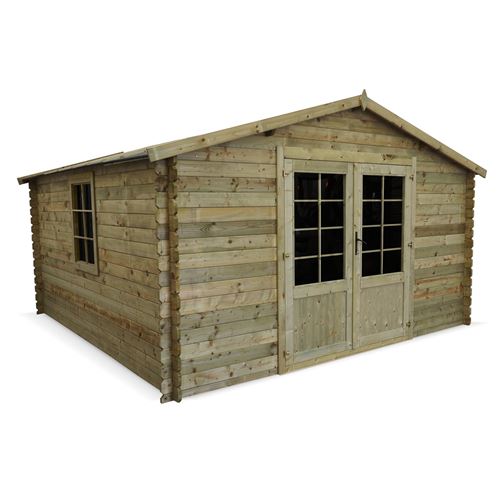 Abri de jardin 4 x 4 m traité autoclave classe 3, MERIBEL en bois FSC de 17,2 m², structure en madriers 28 mm, sapin du nord