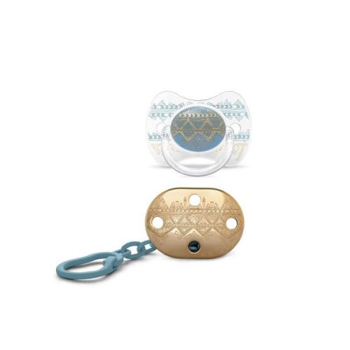 SUAVINEX Pack Ethnic Sucette réversible silicone + Attache sucette 4/18M - TURQUOISE