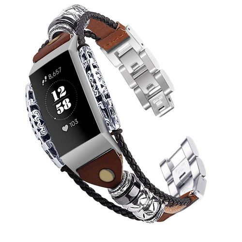 Bracelet en acier inoxydable élégant pour Fitbit Charge3 / Charge4 - Brun (Taille L)