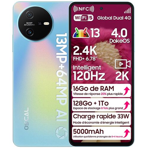 Telephone Portable OSCAL Tiger12, 16Go+128Go, 6,78 FHD+ 120Hz Écran, 64MP+13MP 5000mAh 33W, Android 13 NFC/Face ID/Fingerprint/Dual SIM - Bleu