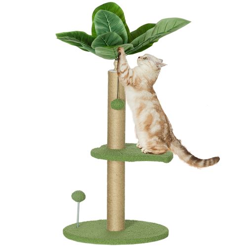 Arbre à chat design tropical - plateforme, griffoir, 2 jeux boules - beige vert