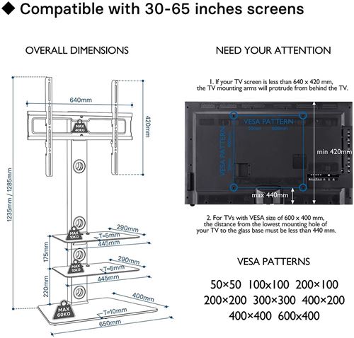 Support mural pour écran plat GENERIQUE Meuble TV sur pieds pivotant Bontec  - Ecran de 30 à 65 Pouce - Hauteur Réglable - Charge 40 kg - VESA max  600x400 mm