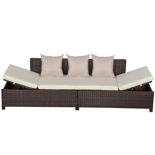 Canapé lit de jardin 3 places inclinable latéralement matelas et coussins inclus résine tressée imitation rotin chocolat