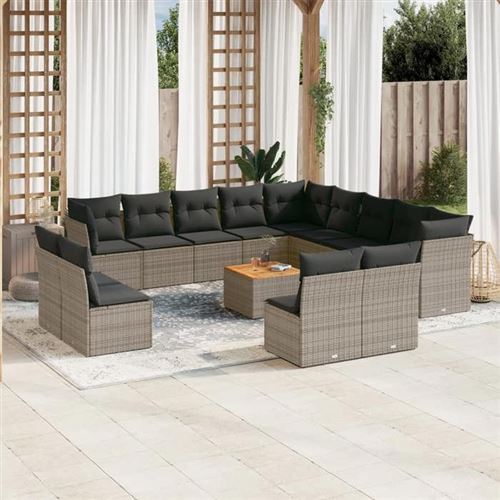  Vidaxl Salon De Jardin Avec Coussins 14 Pcs Gris R&eacute;sine Tress&eacute;e