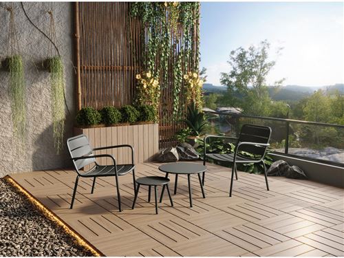 Salon de jardin en métal - 2 fauteuils bas empilables et tables gigognes - Gris foncé - MIRMANDE de MYLIA
