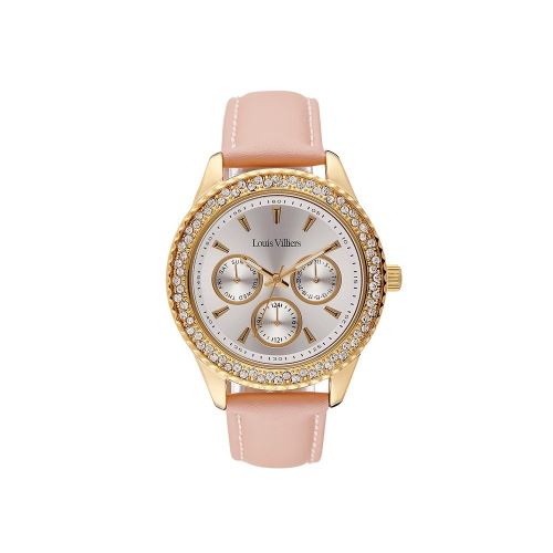 Montre Femme Louis Villiers Cadran 41mm En Steel Blanc Et Bracelet beige En Cuir LV2078