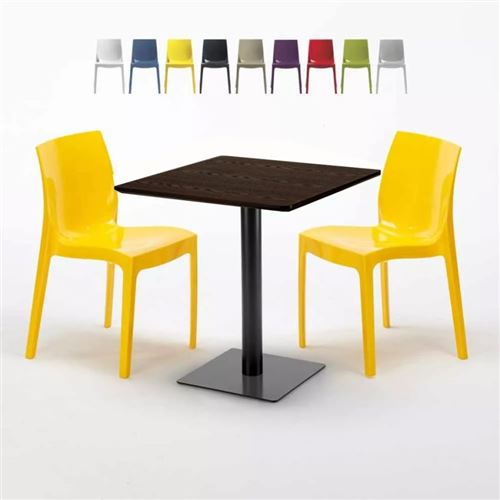 Table carrée 60x60 pied noir et plateau bois avec 2 chaises colorées Ice Kiss, Couleur: Jaune