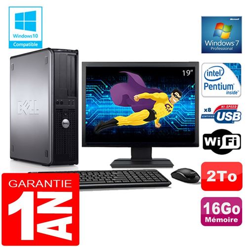 PC Dell 780 Dt Intel E5300 Ram 16Go Disque 2 To WiFi W7 Ecran 19'