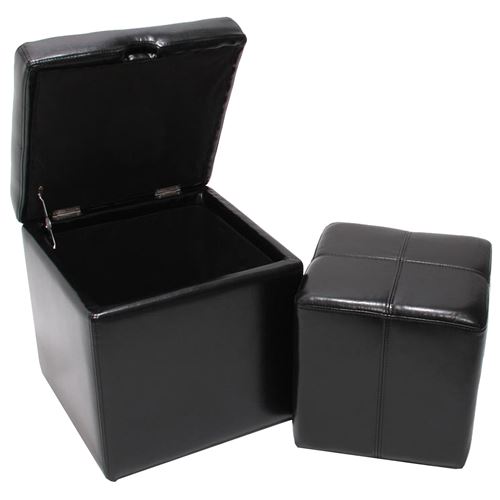 Mendler Noir Lot De 2 Tabourets Onex, Pouf + Cube-Coffre, Cuir - Image 2