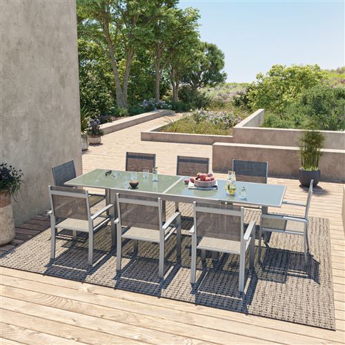 Avril Paris - Table de jardin extensible aluminium 140/280cm + 8 fauteuils textilène Argentée - HARA XL