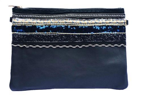 Pochette à Maquillage, Pochette multiusage, Pochette pour Tablette iPad avec bandoulière et décoration fait Main ( noir )