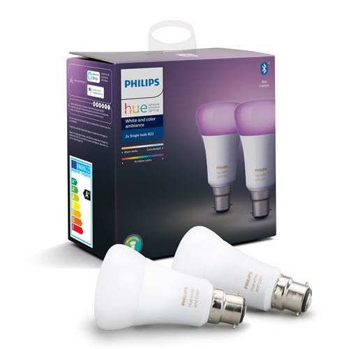 Pack de 2 ampoules Philips Hue White et Color Ambiance B22 Bluetooth 10 W Blanc