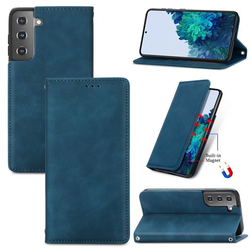 DLIK Etui à Rabat pour Samsung Galaxy S21 Portefeuille en Cuir Magnétique Couleur Solide Bleu