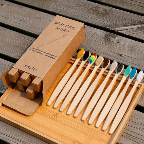 SHOP-STORY - Lot de 10 Brosses à dents naturelles en bambou et charbon - Anti Bactéries - Couleur aléatoire