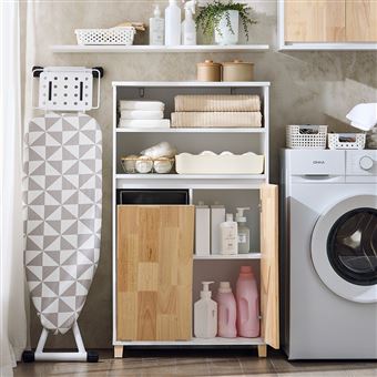 SoBuy BZR143-WN Meuble Bas de Salle de Bain avec Bac à Linge Amovible Armoire à Linge Commode ...