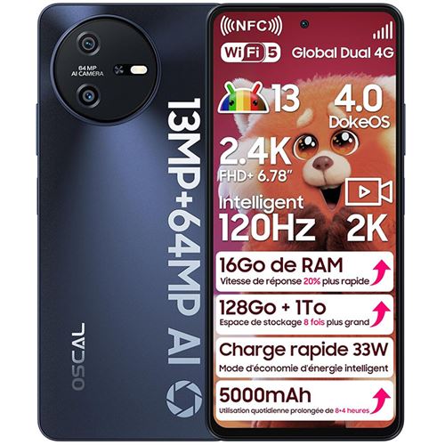 Telephone Portable OSCAL Tiger12, 16Go+128Go, 6,78 FHD+ 120Hz Écran, 64MP+13MP 5000mAh 33W, Android 13 NFC/Face ID/Fingerprint/Dual SIM - Gris