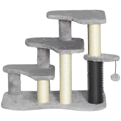 Arbre &agrave; chat 3 marches 3 griffoirs bande massante 2 jeux boules peluche gris clair 