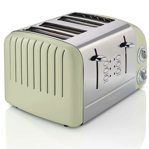Retro Grille-pain à Fente Large 4 Tranches, 3 Fonctions, 6 Niveaux, Vintage, SWAN, ST34020GN, 1600W, Vert