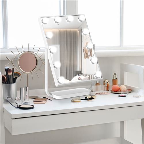 Miroir maquillage Hollywood lumineux LED tactile - 3 modes éclairage,  inclinable, adaptateur - métal blanc verre - Achat & prix
