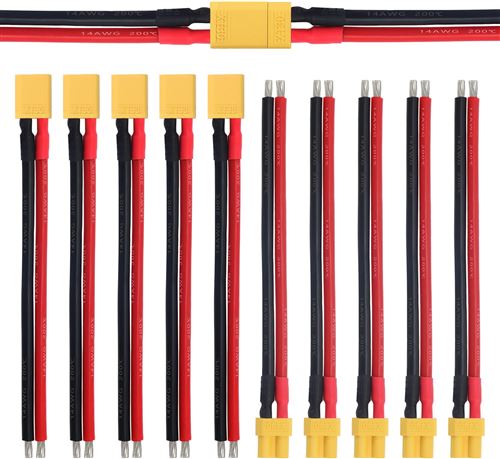 Set de 5 Paires de Connecteurs XT30 Mâle et Femelle Câble en Silicone 14AWG, 100mm pour Batteries Lipo FPV Drone, Jaune, PVC
