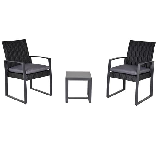 Salon de jardin 2 places - 3 pièces 2 chaises avec coussins gris + table basse - plateau verre trempé - résine tressée 4 fils imitation rotin noir