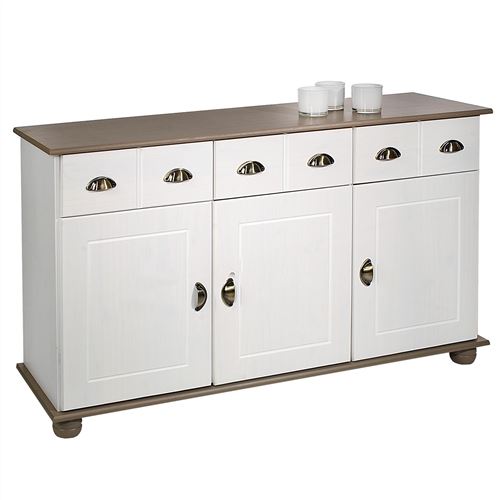 Buffet COLMAR en pin massif, 3 tiroirs et 3 portes, lasuré blanc et taupe