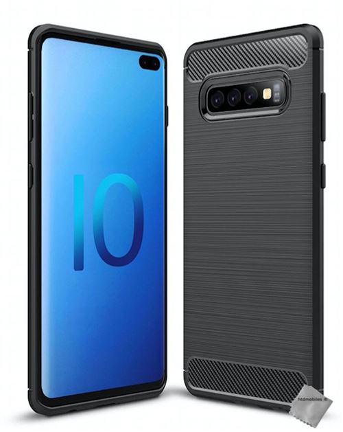Housse etui coque silicone gel carbone pour Samsung Galaxy S10+ Plus + verre trempe - NOIR - htdmobiles