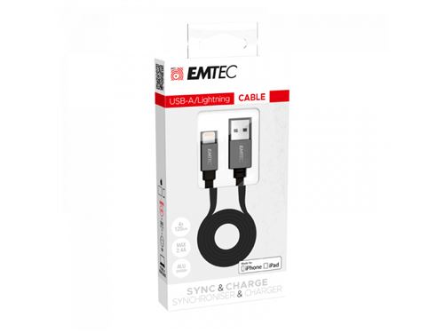 EMTEC - Câble plat USB A Vers Lightning T700 - MFI 120cm Alu 2.4A
