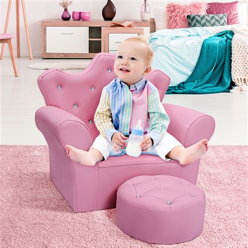 GIANTEX Canapé pour Enfants avec Pouf Fauteuil Princesse Comfortable Rembouré d'éponge avec Accoudoirs enForme de Couronne- Dossier Haut-Rose