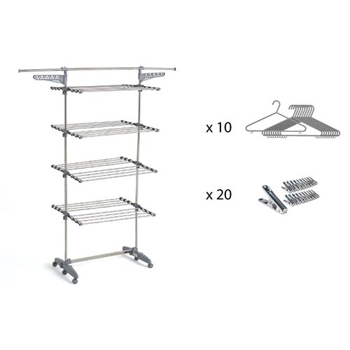 Séchoir à linge étendoir multifonction 30M EXTRA avec 30 accessoires 4 niveaux Gris et Inox