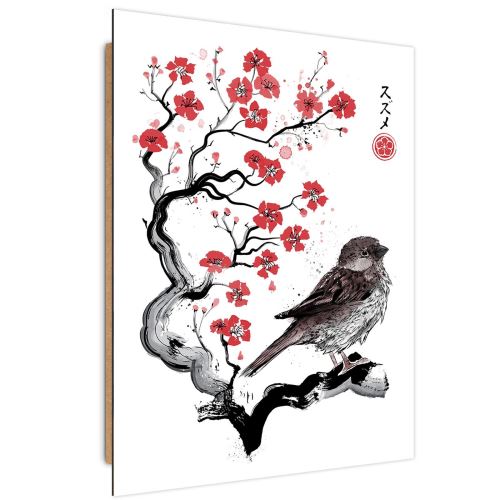 Feeby Image Tableau panneau décoratif Art moderne, Moineau sur ceriser japonais 70x100 cm
