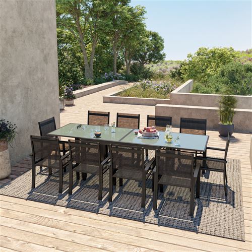 Avril Paris - Table de jardin extensible aluminium 140/280cm + 10 fauteuils textilène Noir - HARA XL