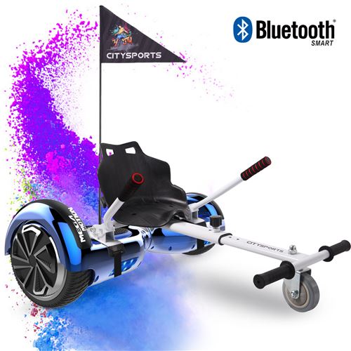 Mega Motion Pack de Hoverboard 6.5 Pouces bleu et hoverkart blanc,Gyropode, Skateboard électrique Bluetooth Robuste