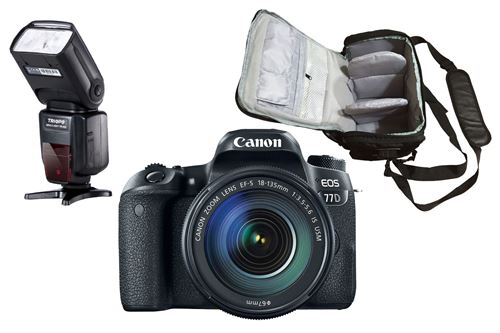 Canon EOS 77D + Canon EF-S 18-135mm f/3.5-5.6 IS USM + bolso de la cámara profesional + flash