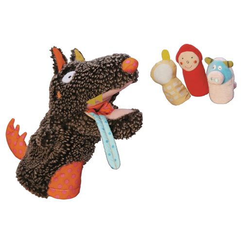 EBULOBO Marionnette loup et ses 3 Marionnettes de doigts Collection LOULOUP Gris