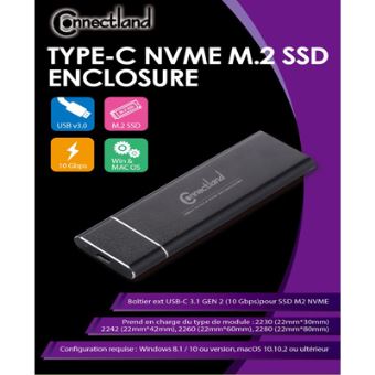 Accessoire pour disque dur Inateck Boîtier SSD M.2 NVMe, USB 3.2 Gen 2,  Transmission de 10Gbps, M.2 SATA et NVMe SSD Soutenus (2242, 2260, 2280)  avec câbles USB A vers C et USB C vers