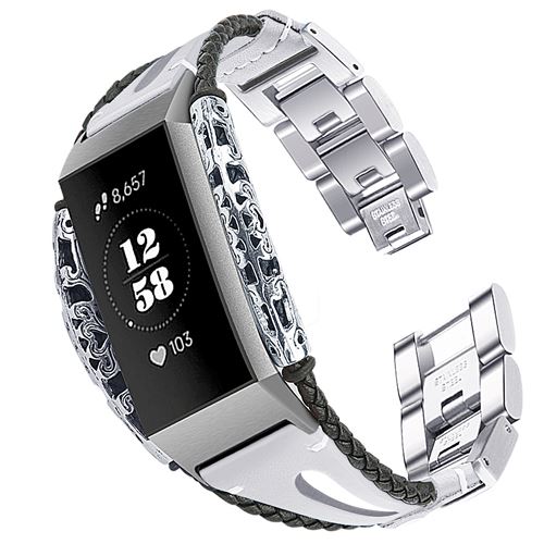 Bracelet en acier inoxydable et cuir élégant pour Fitbit Charge3 / Charge4 - Blanc (Taille L)