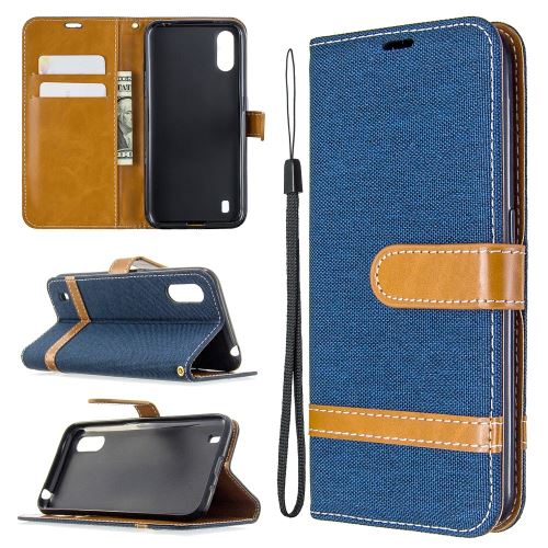 Etui en PU tissu de jeans de couleur assortie avec support bleu foncé pour votre Samsung Galaxy A01