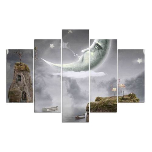 HOMEMANIA Set 5 Tableau 5 pz Lune - Fantaisie - pour Séjour, Chambre - en MDF, 108 x 70 cm