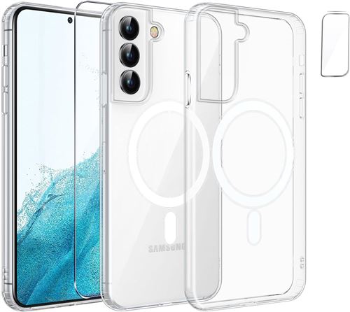 Coque Silicone Transparente Compatible Magsafe + Verre Trempes et Protection Camera Arriere Transparent Pour Samsung Galaxy S22 Little Boutik©