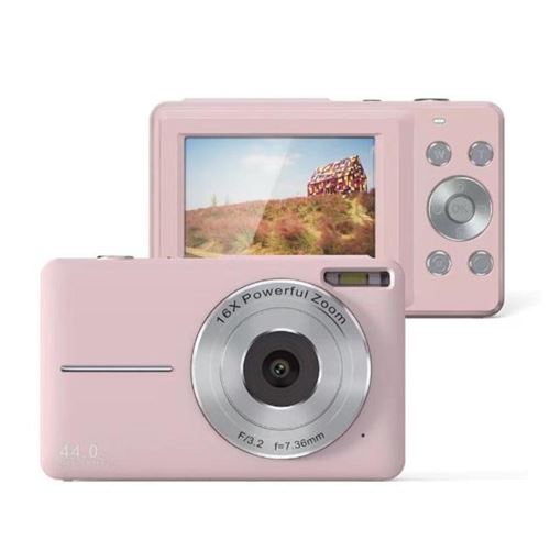  LINFE Appareil photo num&eacute;rique pour enfants 1080P 44MP, zoom 16x, &eacute;cran 2,4 pouces, mini cam&eacute;ra compacte, stabilisation d'image, selfie, format de poche, rose 