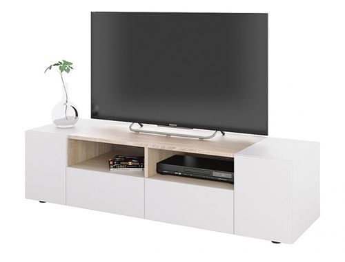 Meuble TV décor blanc et chêne - 138 cm (longueur) x 34 cm (hauteur) x 40 cm (profondeur).