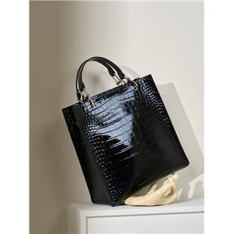 Sac à Main Femme Cuir Noir - Fabriqué En France - Motif Crocodile - Fermeture éclair - Doré